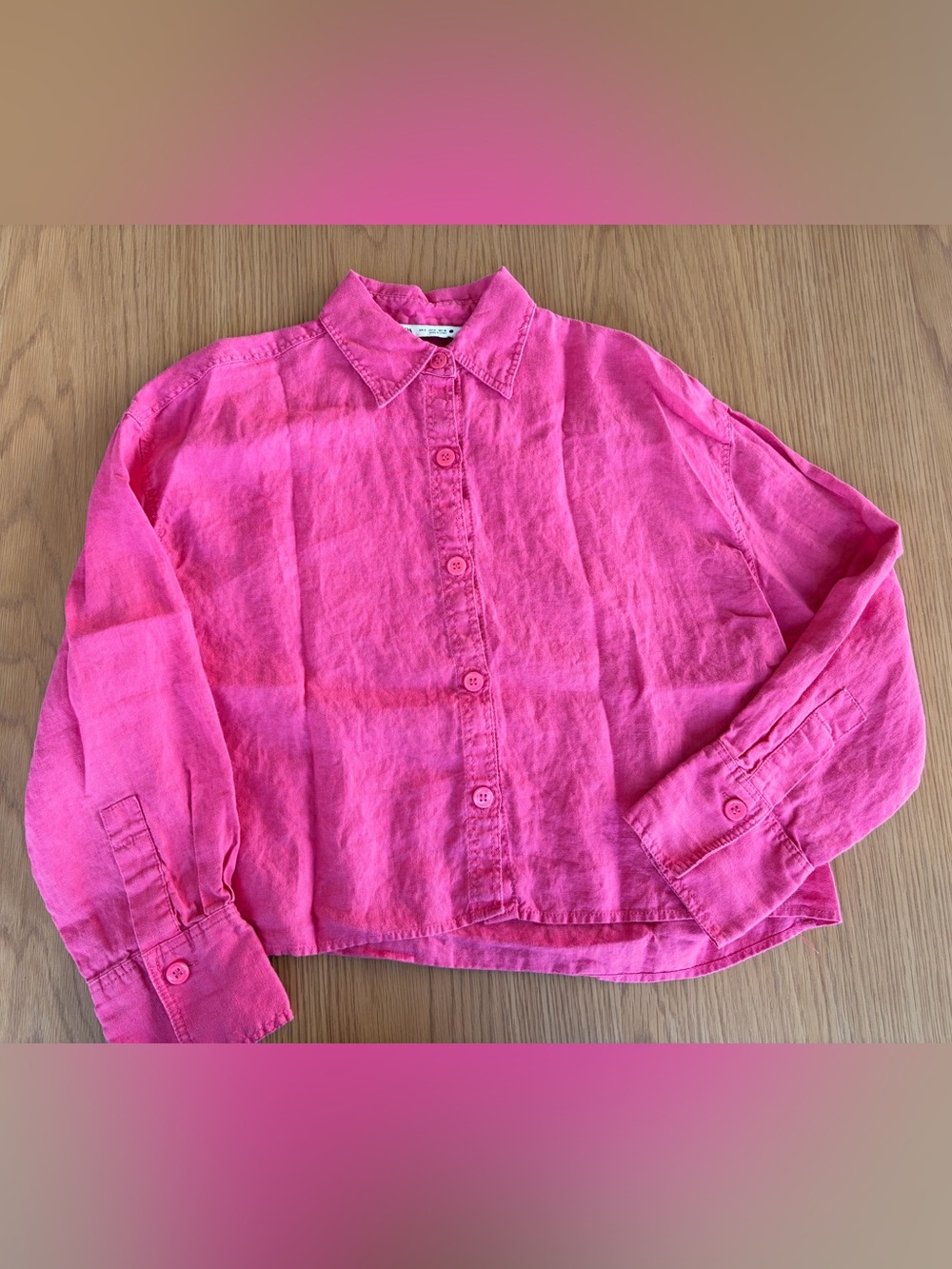 Zara Cropped Button Down Linen Shirt Fuchsia Hot Pink Long Sleeve